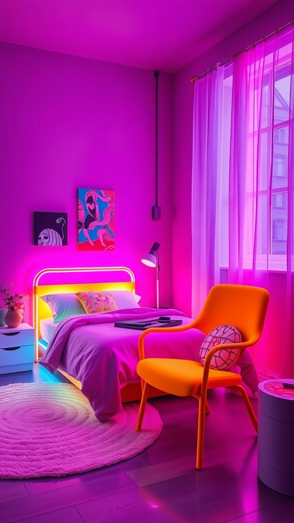 A neon-themed bedroom featuring fluorescent furniture including a glowing bed frame and a bright green chair.