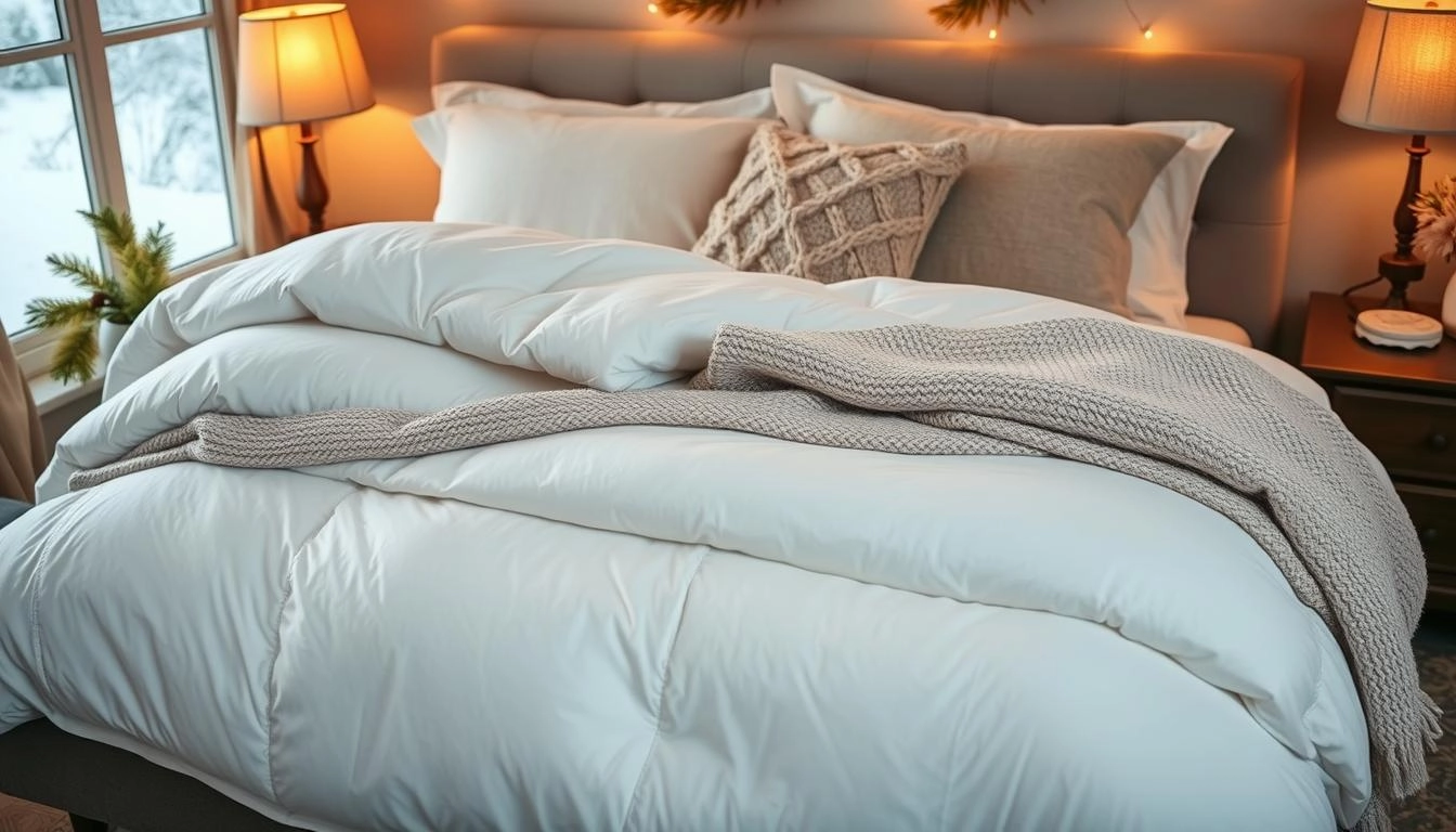 Cozy winter bedroom with soft white down comforter, pastel flannel sheets, and decorative knit throws, surrounded by warm lighting and a frosty window revealing a snowy landscape.