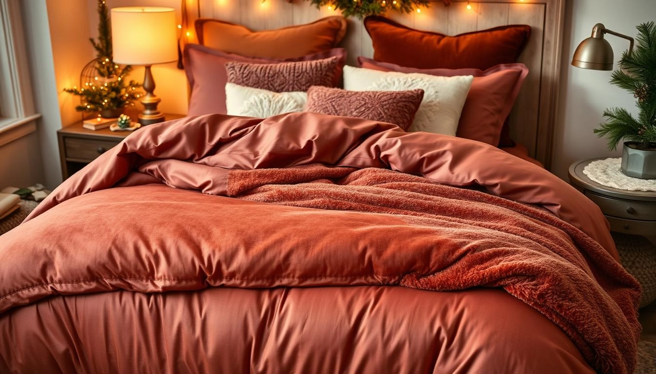 Luxurious winter bedding with a plush duvet, velvety throw blanket, and decorative pillows, set in a cozy bedroom with soft lighting and seasonal decor.