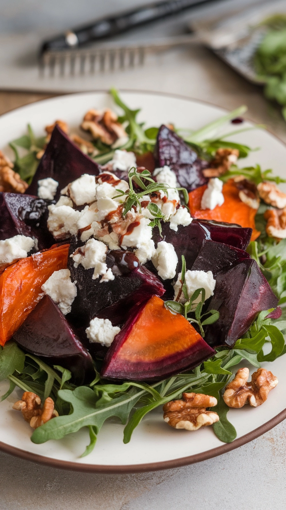 A beautiful roasted beet and goat cheese salad on a plate.