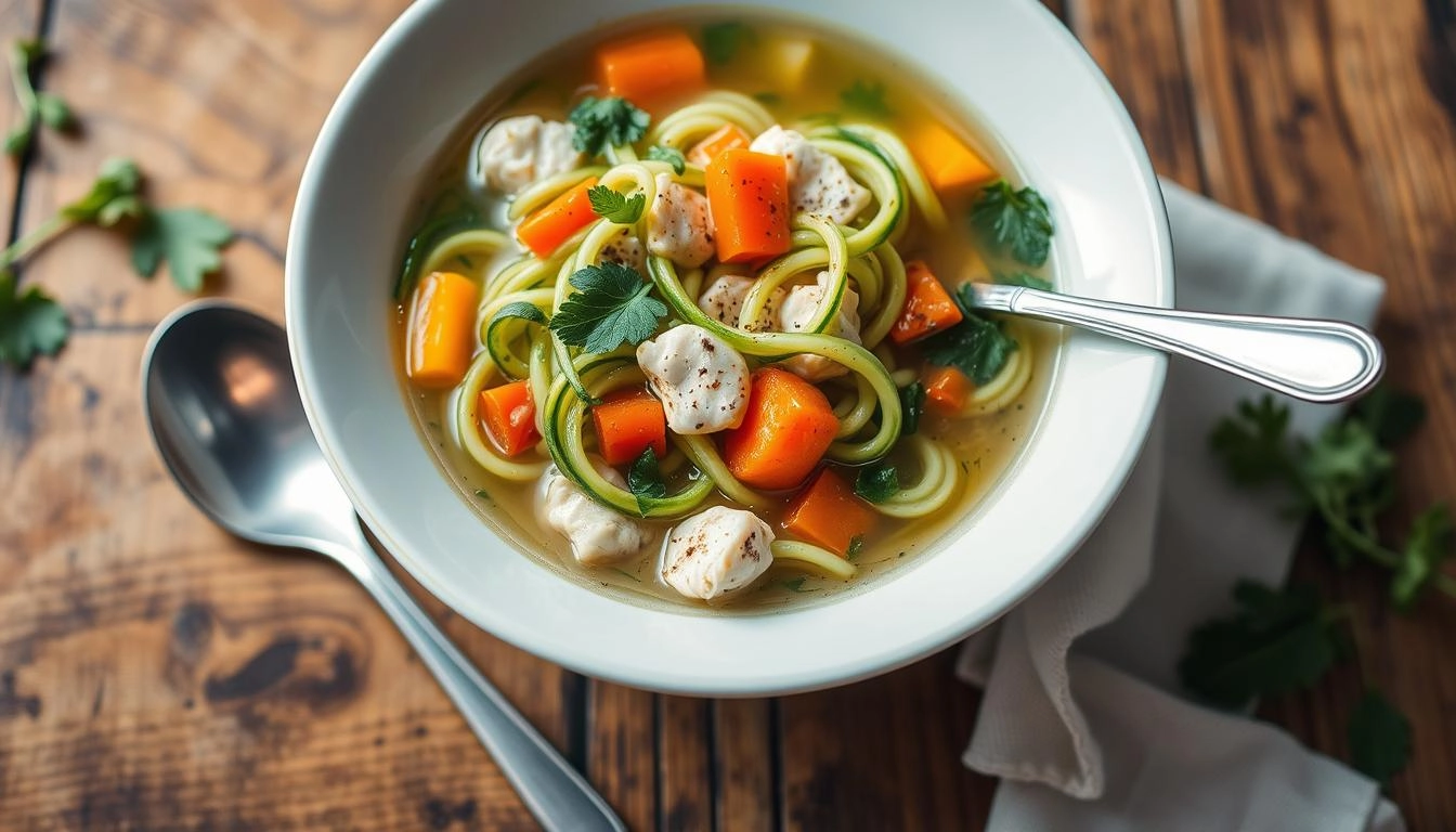 Zucchini noodle chicken soup with spiralized zucchini, chicken, veggies, and fresh herbs in a clear broth on a rustic table.