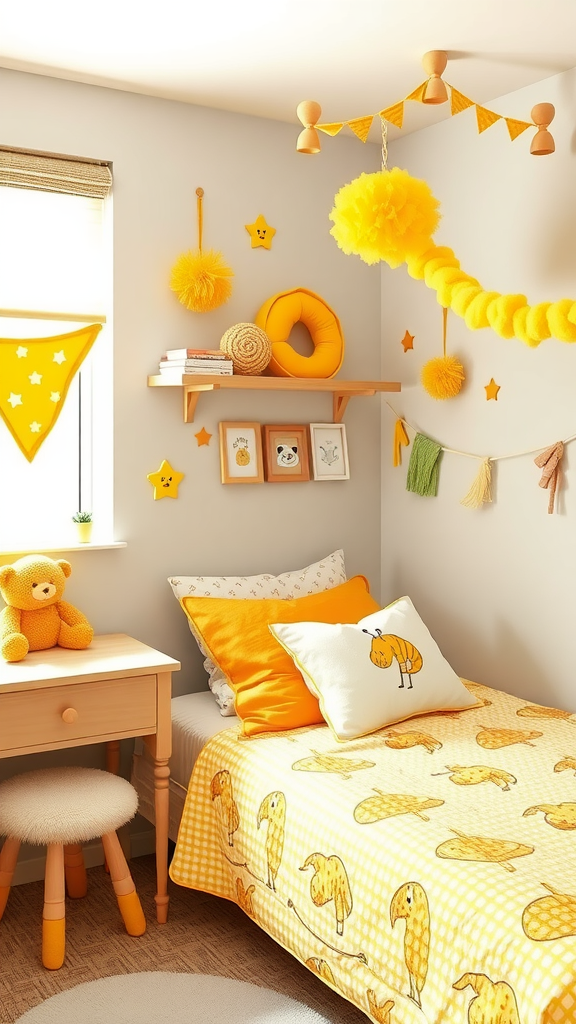 A cozy yellow themed bedroom featuring soft toys, bright bedding, and playful wall decor.