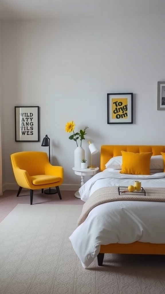 A cozy yellow bedroom featuring a bright yellow chair and bed, adorned with decorative elements.