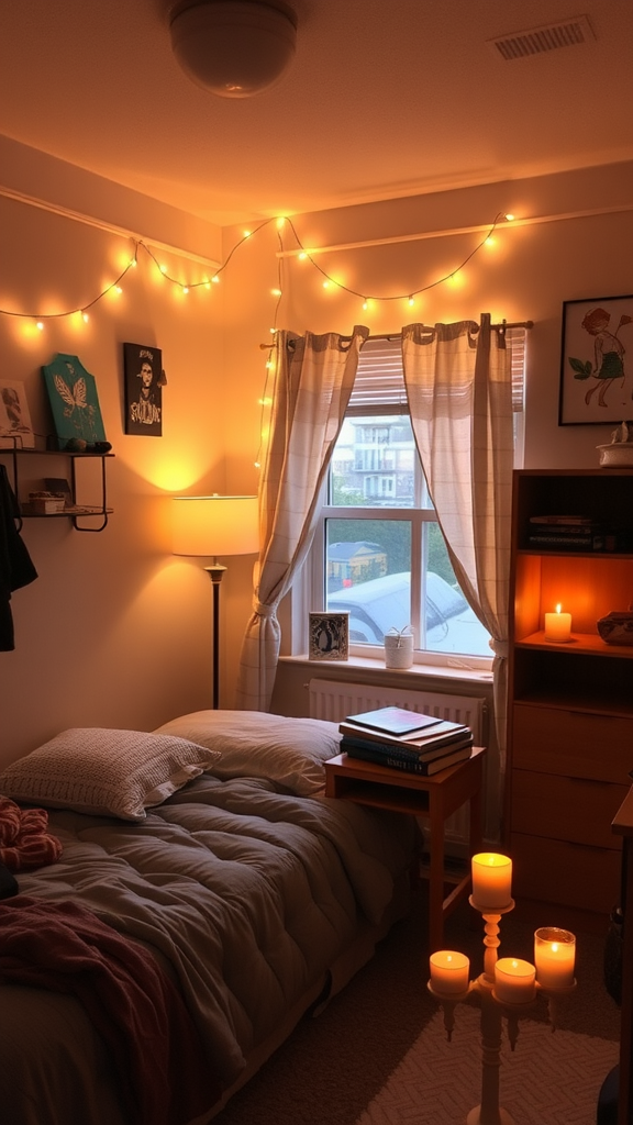 Cozy dorm room with warm ambient lighting from fairy lights, a bedside lamp, and candles