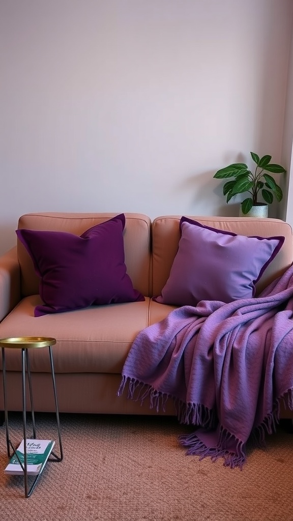 A cozy couch with amethyst throw pillows and a matching blanket, complemented by a small plant and a side table.