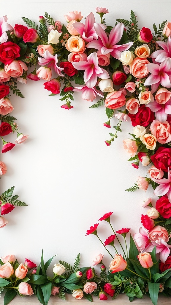 A vibrant floral wall backdrop made of roses and lilies, perfect for Valentine's Day decor.