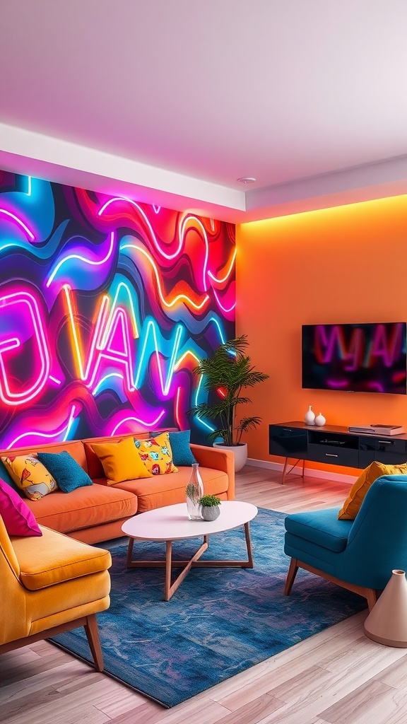 A vibrant living room featuring neon murals and colorful furniture.