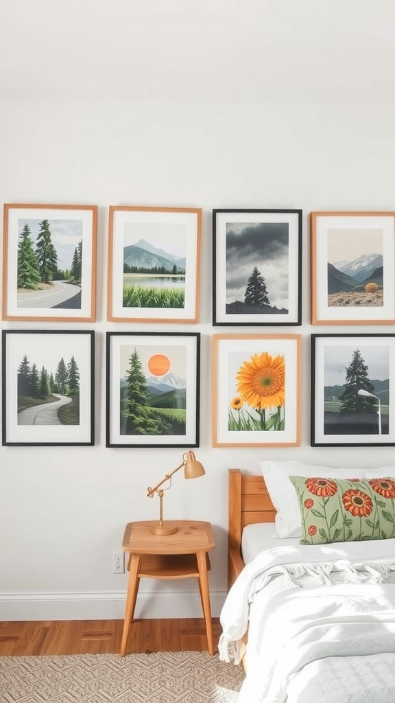 A wall decorated with various framed photos and art pieces in a dorm room.