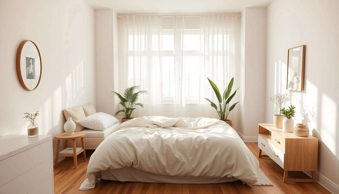 Serene bedroom with neutral tones, minimalist furniture, soft light, cozy bed, thoughtful plants, wooden floor, and calming accents creating a tranquil space.