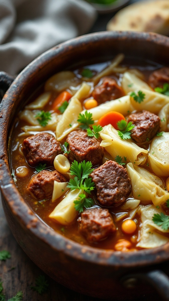 A bowl of hearty beef and cabbage soup with meat, vegetables, and herbs.