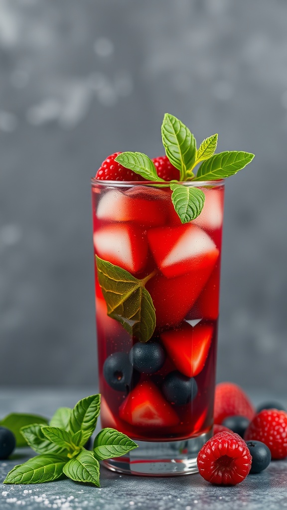 A refreshing Berry Basil Tequila Smash cocktail with strawberries, blueberries, and raspberries garnished with basil leaves.