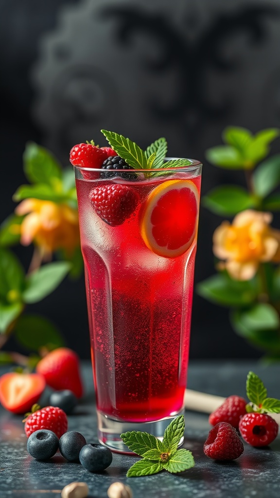 A refreshing Berry Hibiscus Vodka Spritz cocktail with fresh berries and mint.