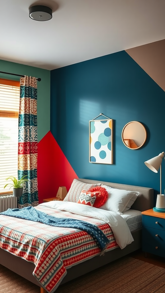 A luxury dorm room with a bold pink accent wall featuring large white letters, a cozy bed, and stylish decor.