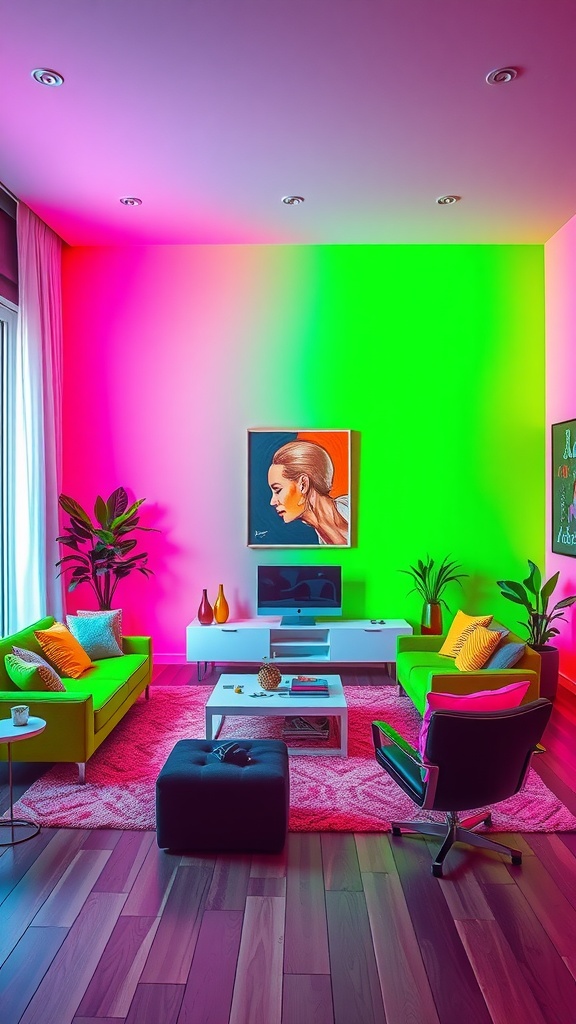 A vibrant living room with neon accent walls and modern furniture.