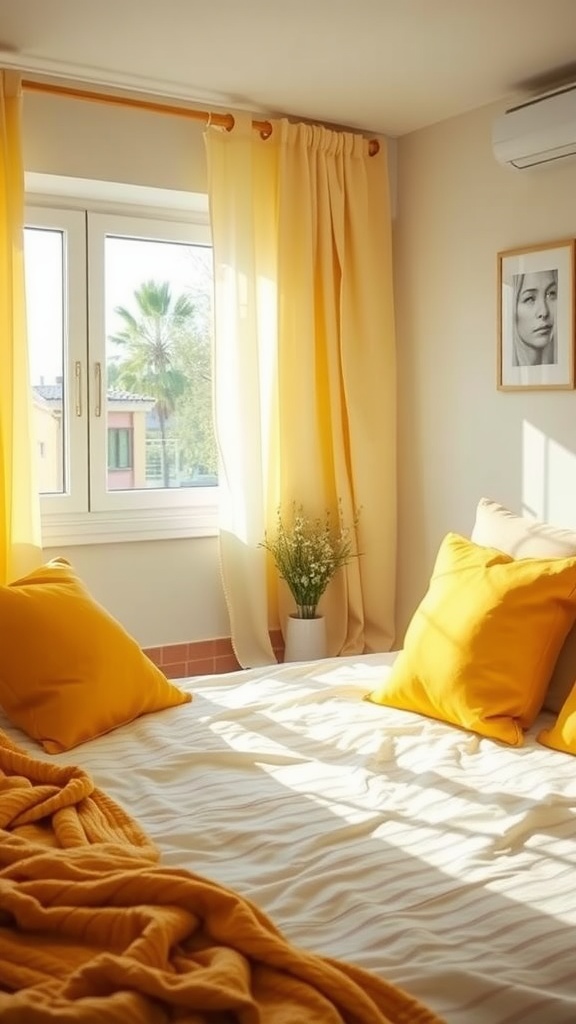 Cozy yellow bedroom with bright pillows and soft curtains