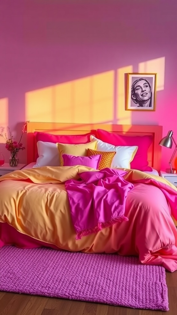 A colorful bedroom featuring bright pink and yellow bedding, complemented by a matching rug and wall art.