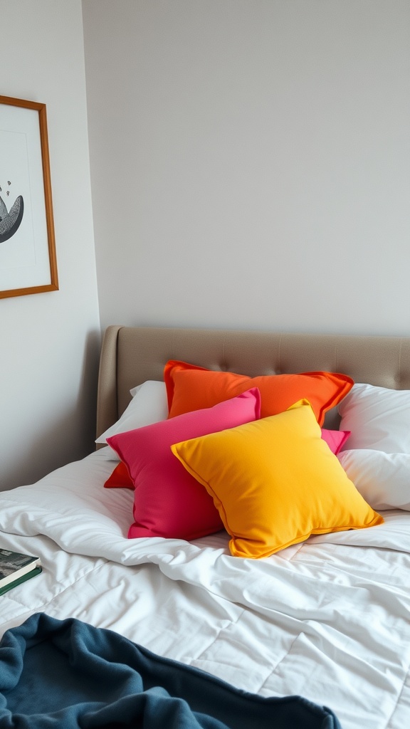 Bright neon throw pillows in various colors on a bed with white bedding and a blue throw.