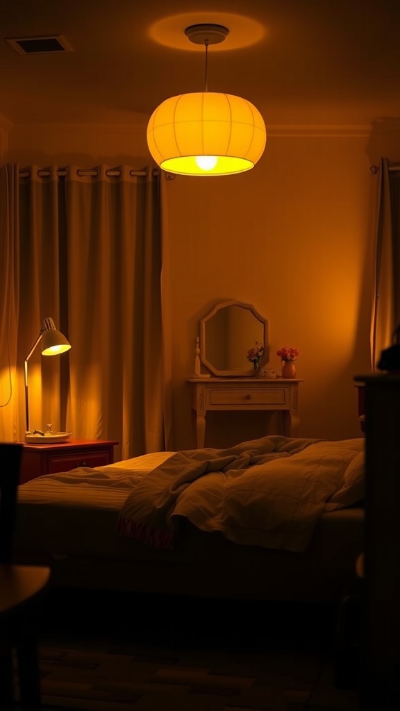 Cozy bedroom with yellow lighting and warm decor.