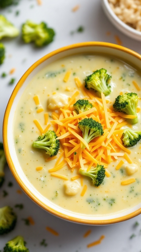 Bowl of broccoli cheddar soup topped with shredded cheese and broccoli florets.