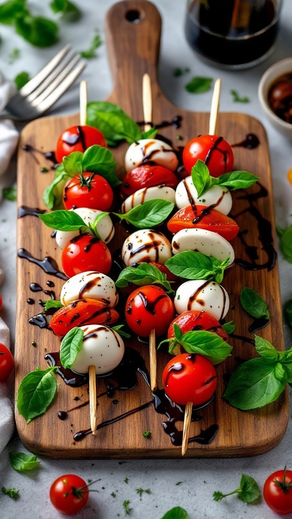 Caprese skewers with mozzarella, cherry tomatoes, and basil drizzled with balsamic reduction.