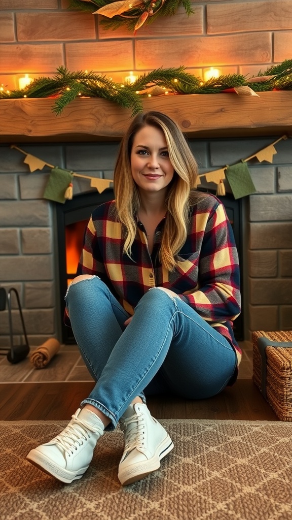 A woman wearing a warm flannel shirt and jeans, sitting by a cozy fireplace.