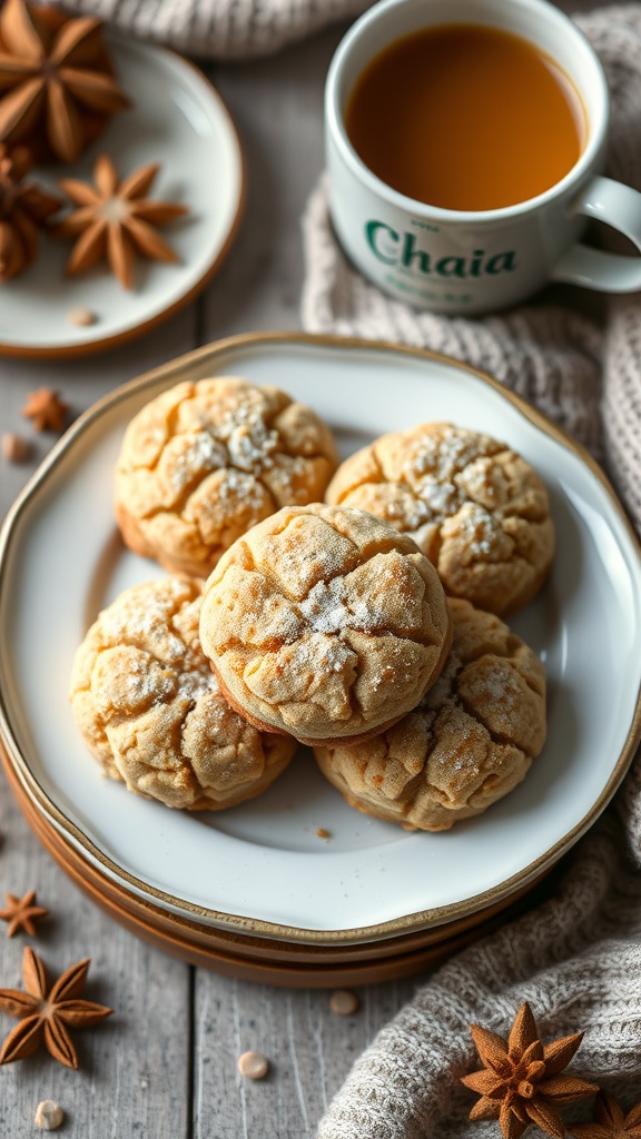 Chai Tea Infused Snickerdoodles on a plate with a cup of tea