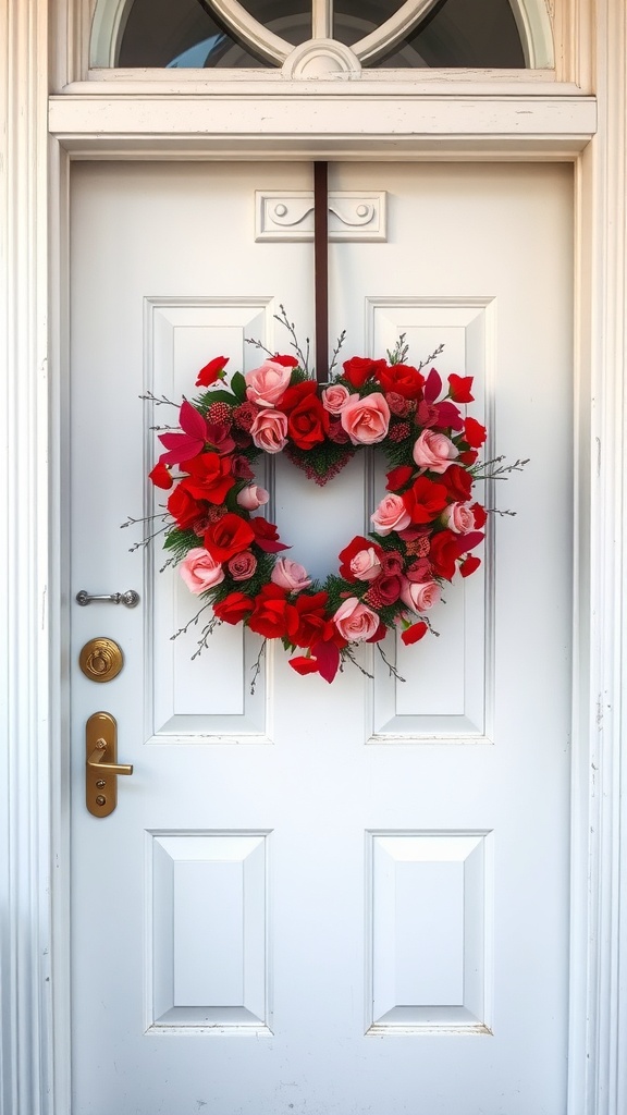 A heart-shaped wreath made of pink and red roses hanging on a white door.