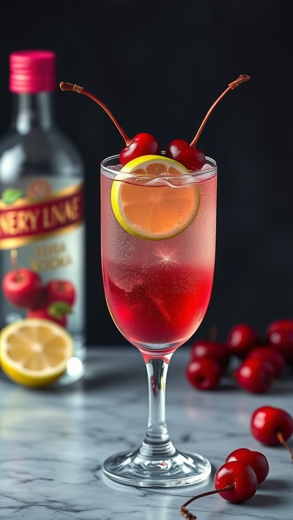 A Cherry Lime Vodka Spritzer in a glass, garnished with cherries and a lemon slice.