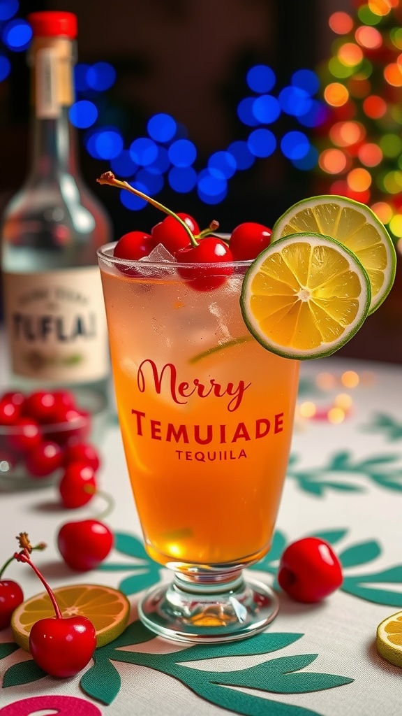 A refreshing Cherry Limeade Tequila Splash cocktail garnished with cherries and lime slices, with a bottle of tequila in the background.