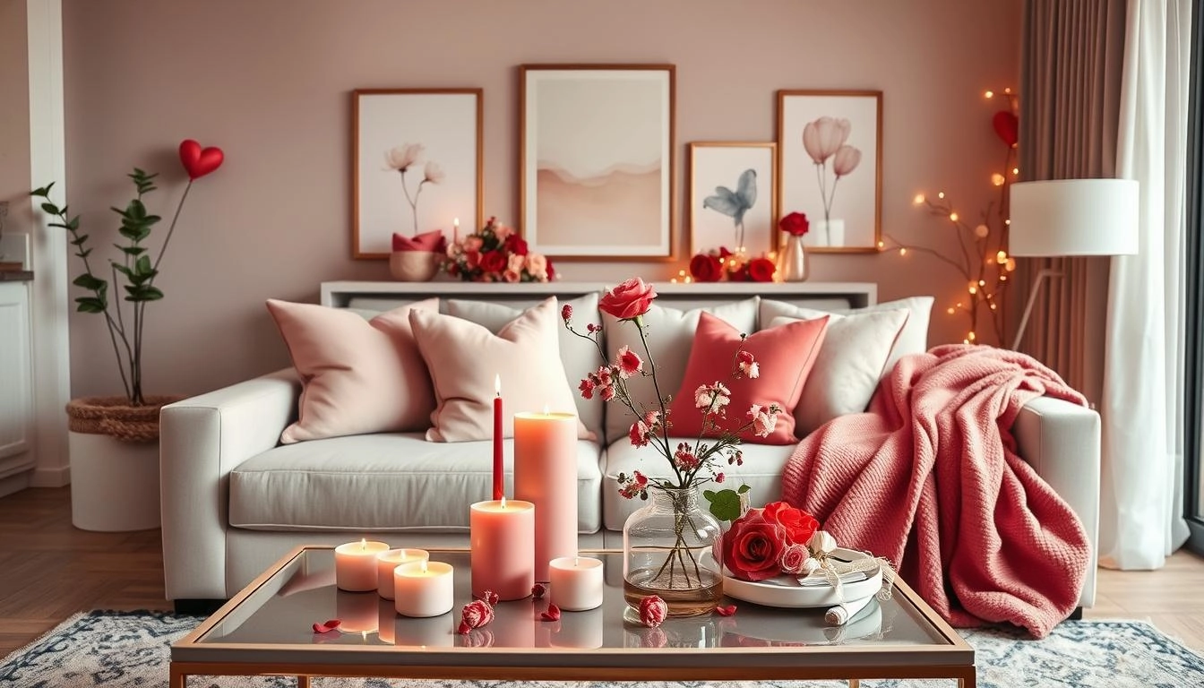 Chic living room with pink and red cushions, heart candles, floral decor, throw blanket, fairy lights, and romantic wall art.