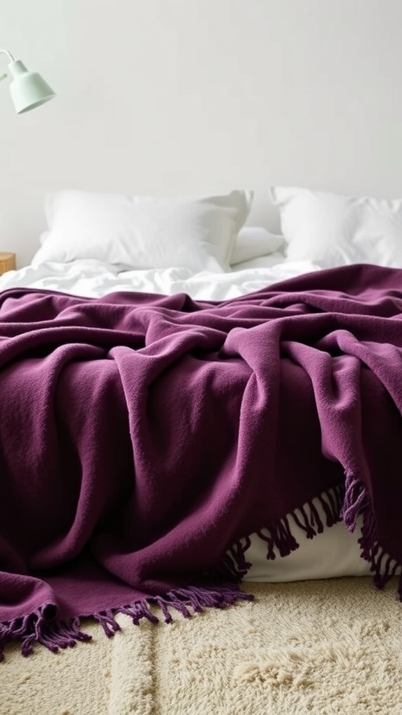 A cozy bed with an eggplant throw blanket elegantly draped over white bedding.