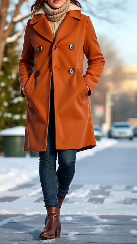 A person wearing a brown long coat and jeans stands in snow, facing away from the camera.