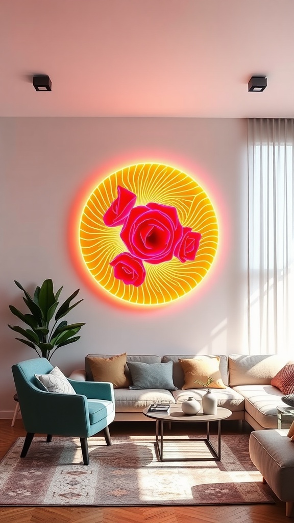 A vibrant living room featuring neon wall art and modern decor.