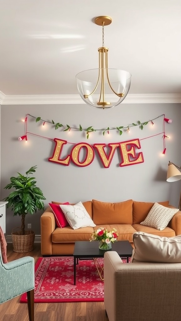 A cozy living room decorated for Valentine's Day with a large 'LOVE' banner and string lights.