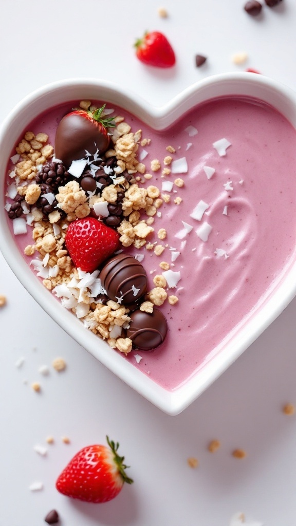 A heart-shaped bowl filled with a pink smoothie topped with chocolate-covered strawberries, granola, and coconut shavings.