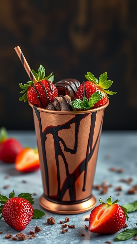 A refreshing Chocolate-Covered Strawberry Tequila Julep in a copper cup, garnished with fresh strawberries and mint.