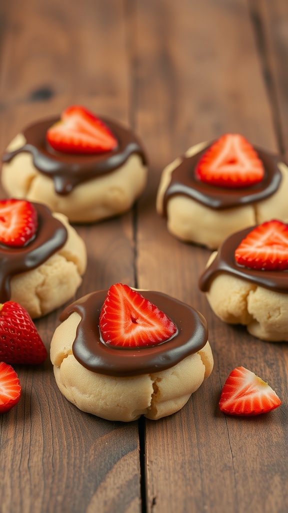 Chocolate-dipped strawberry cookies on a wooden surface