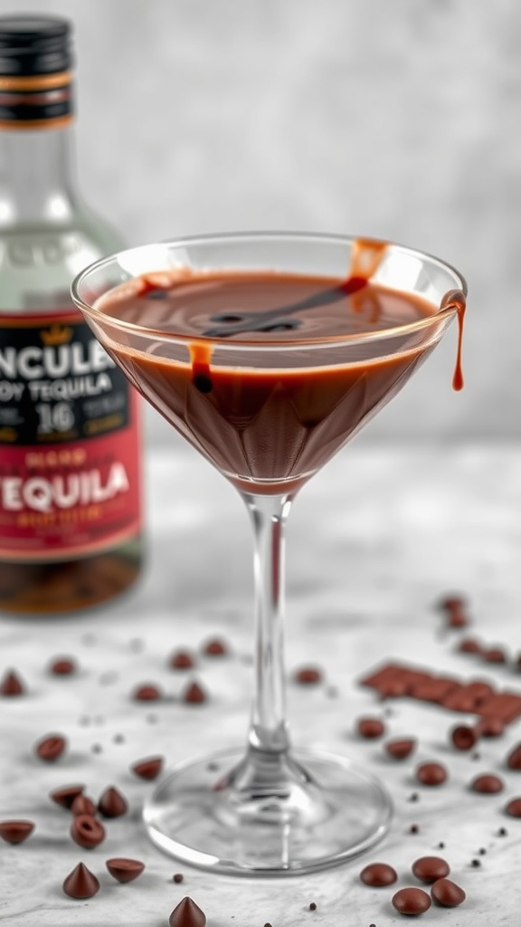 A Chocolate Tequila Martini in a glass, surrounded by chocolate chips and a bottle of tequila.