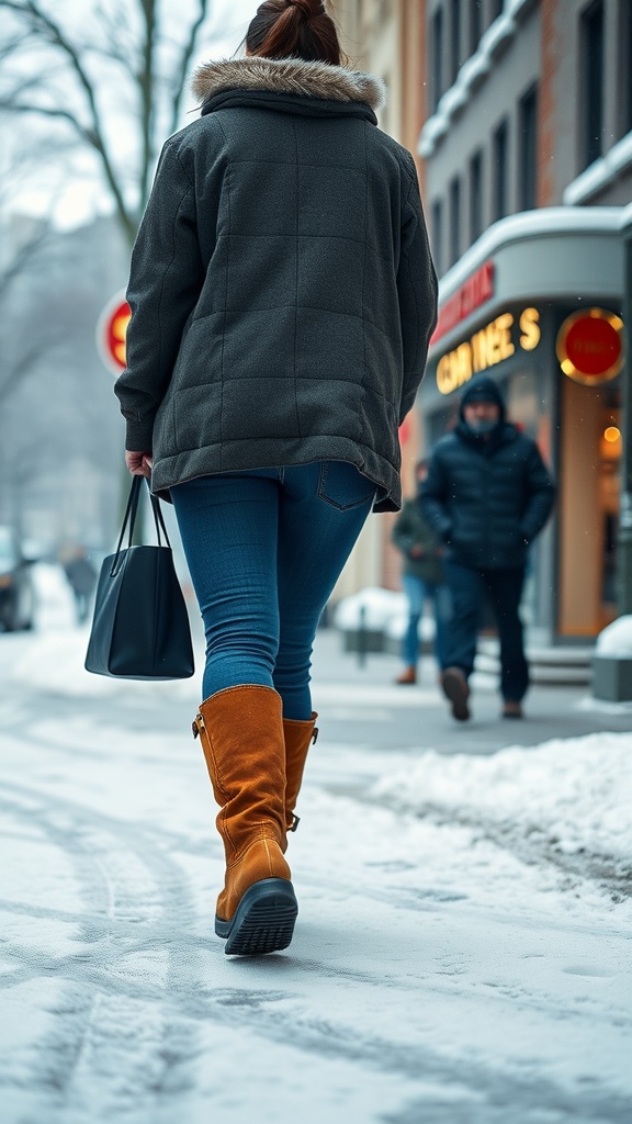 A woman walking in the snow, wearing chunky brown boots, fitted jeans, and a puffy jacket.