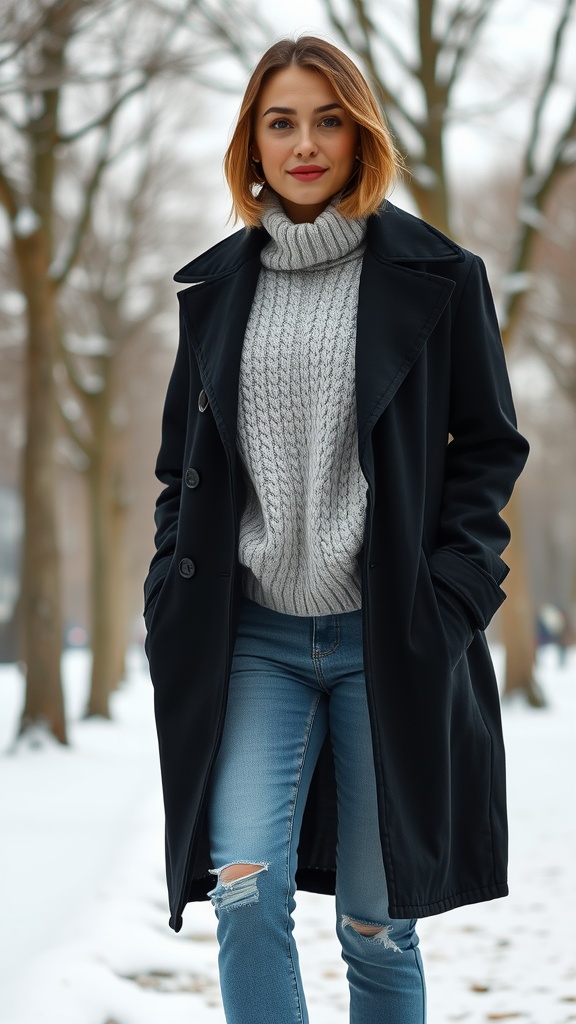 A woman wearing a chunky knit sweater and relaxed fit jeans, standing outdoors in a winter setting.