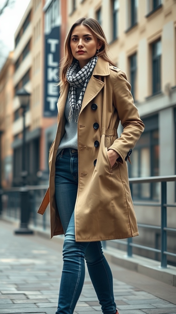 A woman wearing a classic trench coat over a sweater and denim jeans, complemented by knee-high boots, walking on a winter street.