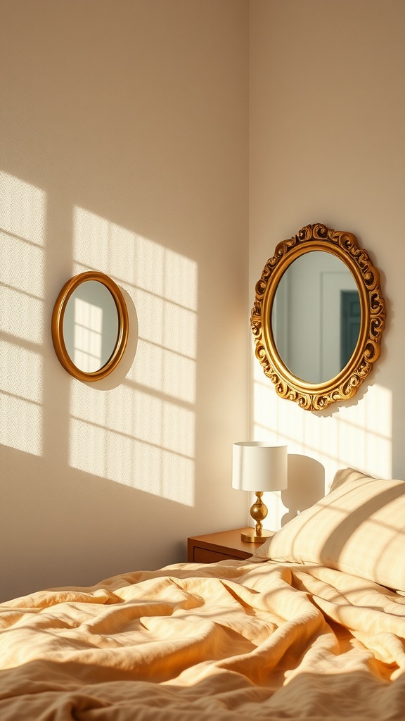 Bright and stylish dorm room with two mirrors reflecting sunlight.