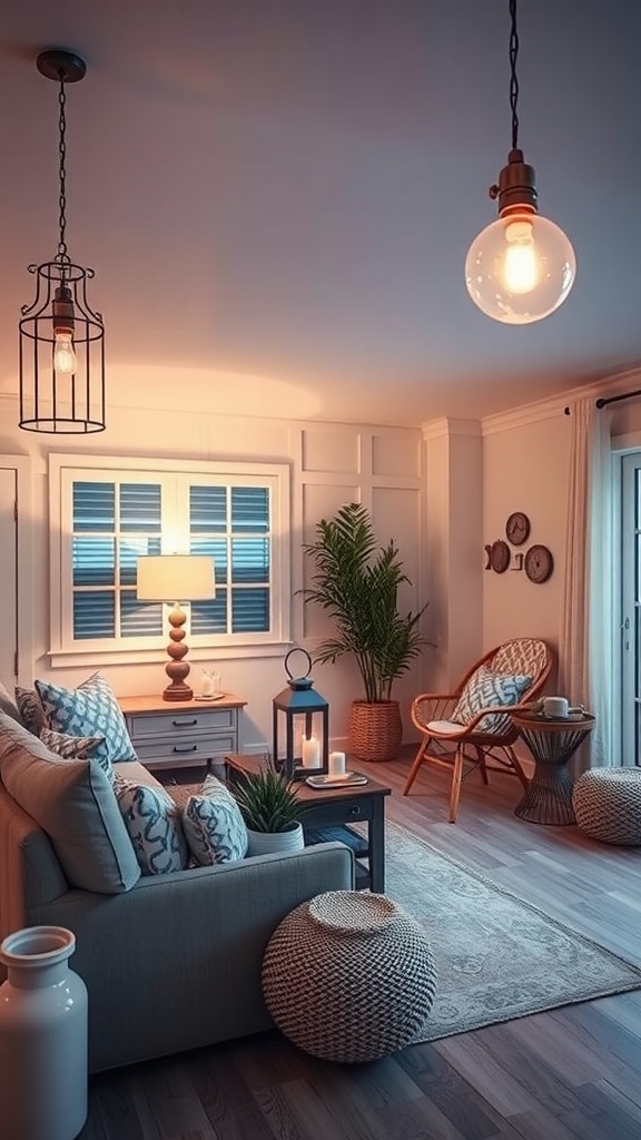 Coastal living room with modern lighting fixtures and cozy decor