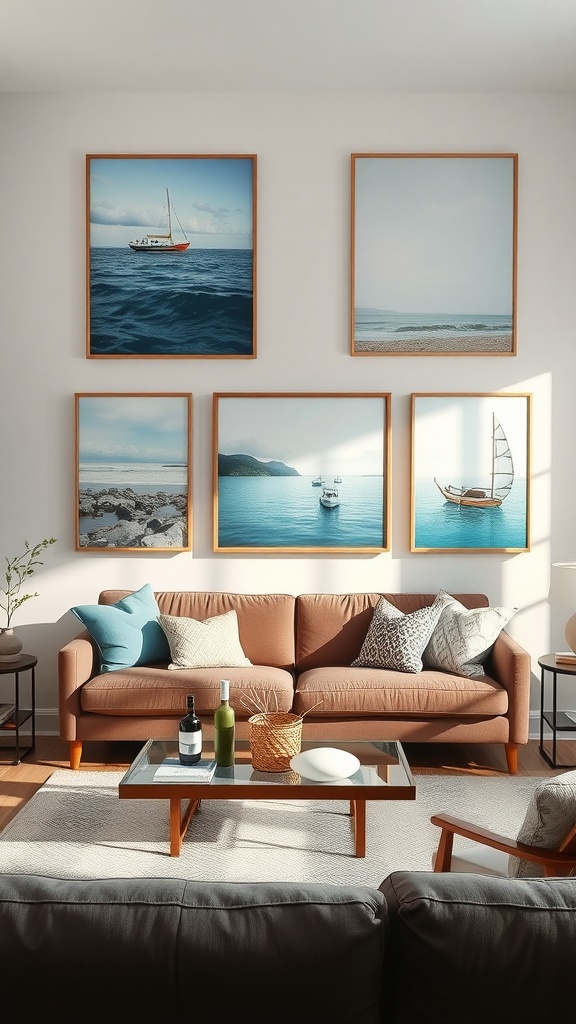 Coastal-themed wall art in a living room featuring framed pictures of boats and seascapes.