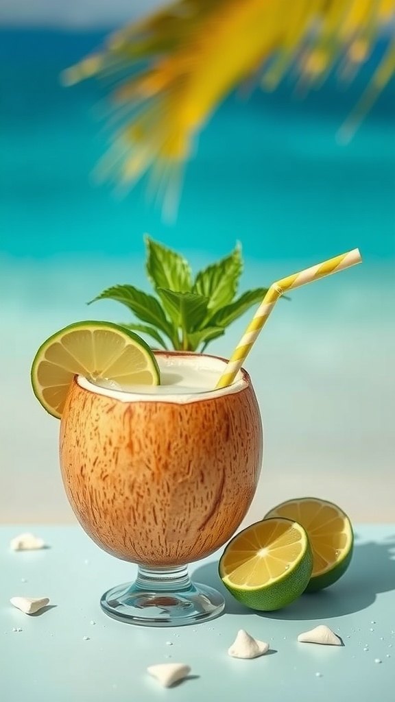 A Coconut Lime Tequila Breeze cocktail in a coconut cup with lime slices and mint, set against a blue ocean backdrop.