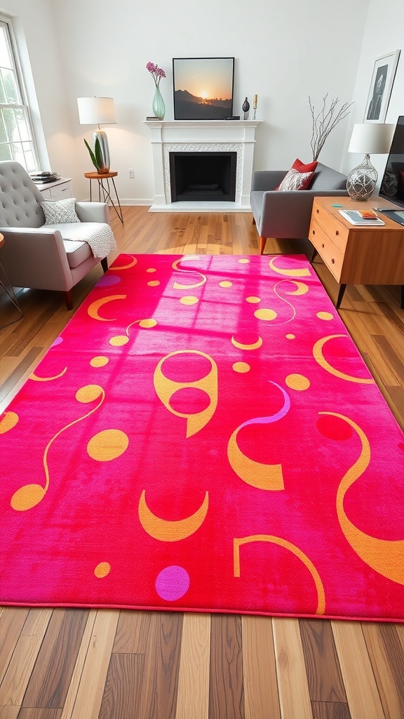 Vibrant Neon Living Room Ideas featuring a vibrant pink rug with colorful shapes in a stylish living room