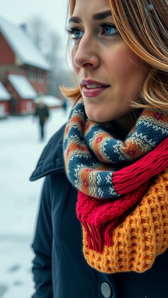 A woman wearing a colorful scarf in a snowy landscape