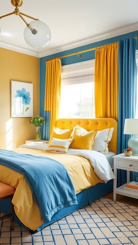 A bright yellow bed in a bedroom featuring blue accents and flowers.