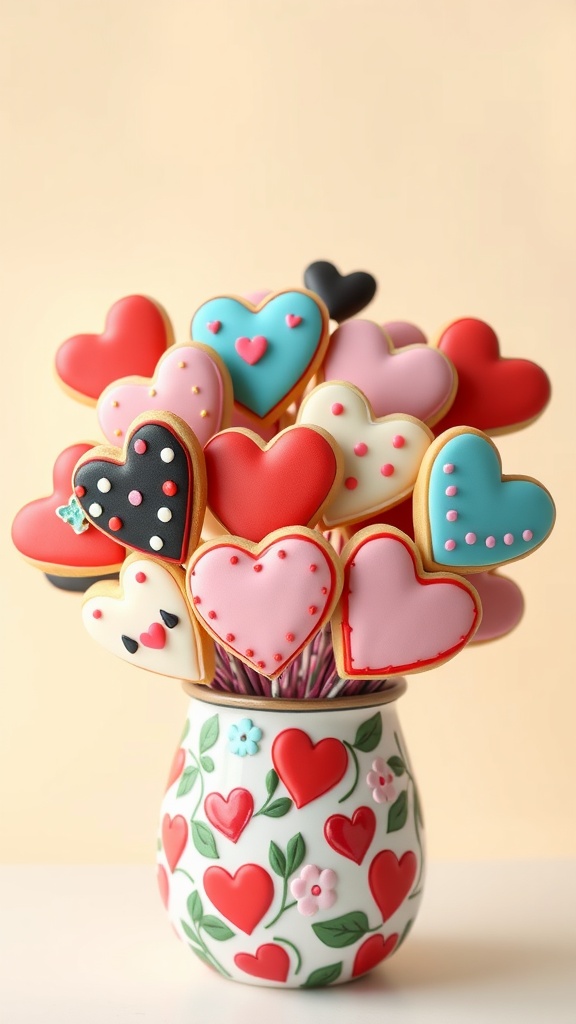 A bouquet of heart-shaped cookies in various colors and designs, arranged in a decorative vase.