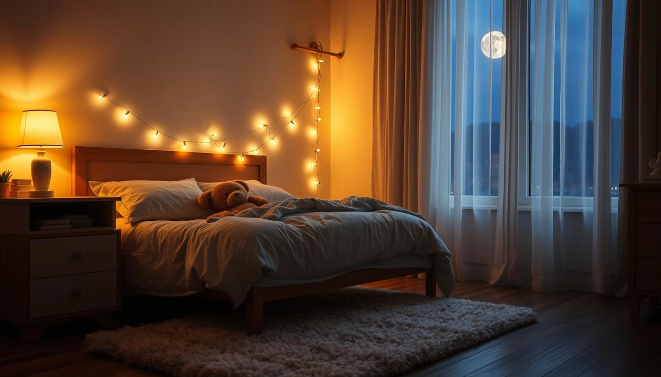 Cozy bedroom with warm bedside lamp and fairy lights, featuring plush rug, wooden floors, and moonlit sheer curtains for a tranquil atmosphere.